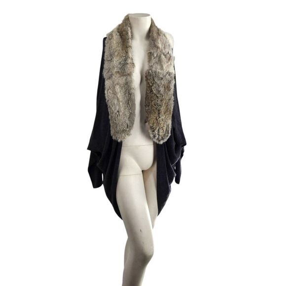 JOIE Real Rabbit Fur Collar Cashmere Wool Slouchy Cardigan M Mob Wife Apres Ski - Picture 1 of 9